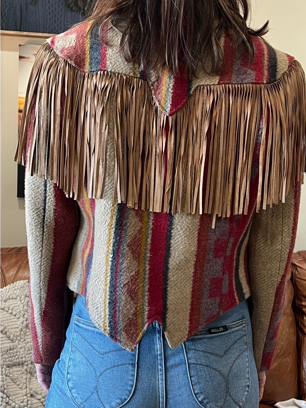 PIONEER WEAR Brown & Red Striped Fringe Western Vintage Jacket - Picture 8 of 12